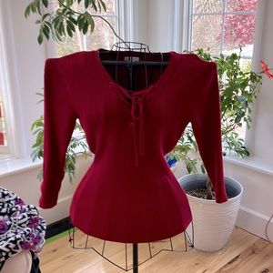 Deep Red(Cranberry) Ribbed Sweater with a great V-neckline detail!